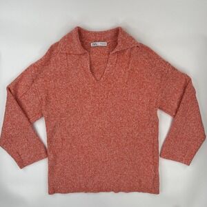 ZARA Oversized V-Neck Sweater Size M Heathered Checkered Knit Collared‎ Pink